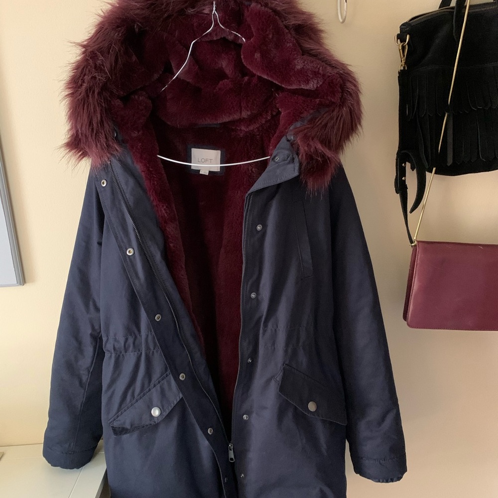 Loft navy parka with maroon faux fur